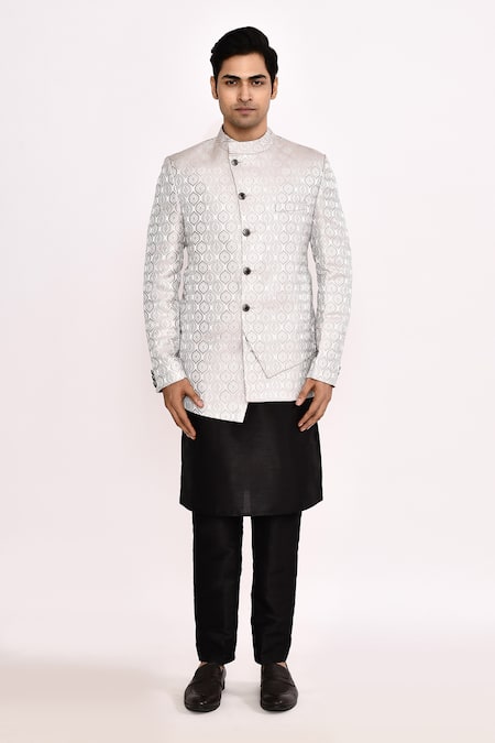 Shop_Arihant Rai Sinha_White Silk Embroidery Mughal Motif Bandhgala _Online_at_Aza_Fashions