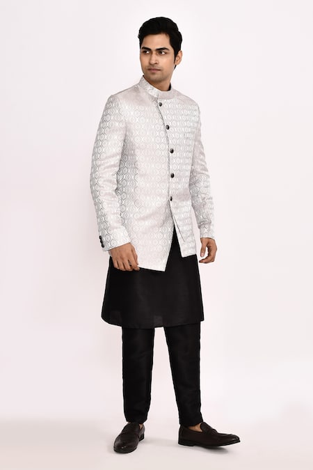 Arihant Rai Sinha_White Silk Embroidery Mughal Motif Bandhgala _at_Aza_Fashions