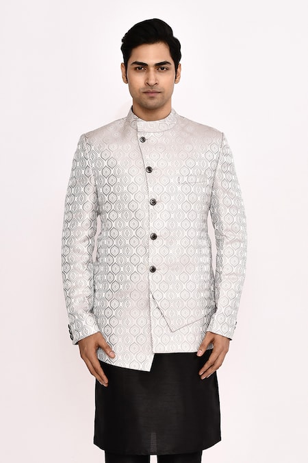 Buy_Arihant Rai Sinha_White Silk Embroidery Mughal Motif Bandhgala 