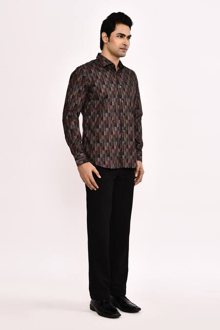 Aryavir Malhotra_Brown Cotton, Silk Patterned Casual Shirt _Online_at_Aza_Fashions