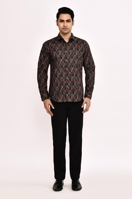 Shop_Aryavir Malhotra_Brown Cotton, Silk Patterned Casual Shirt _Online_at_Aza_Fashions