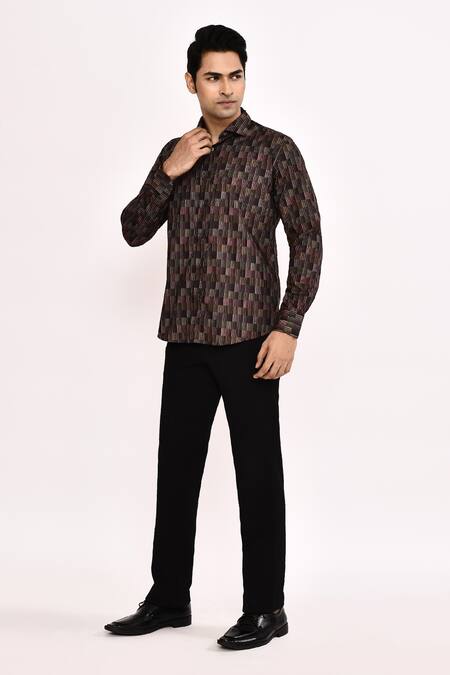 Aryavir Malhotra_Brown Cotton, Silk Patterned Casual Shirt _at_Aza_Fashions