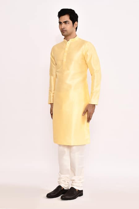 Buy_Arihant Rai Sinha_Yellow , Satin Classic Blend Kurta _Online_at_Aza_Fashions