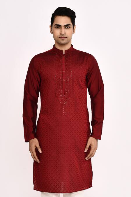 Buy_Arihant Rai Sinha_Maroon Cotton, Silk Classic Kurta _Online_at_Aza_Fashions
