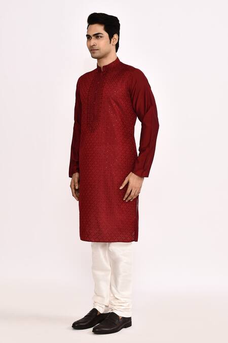 Shop_Arihant Rai Sinha_Maroon Cotton, Silk Classic Kurta _Online_at_Aza_Fashions
