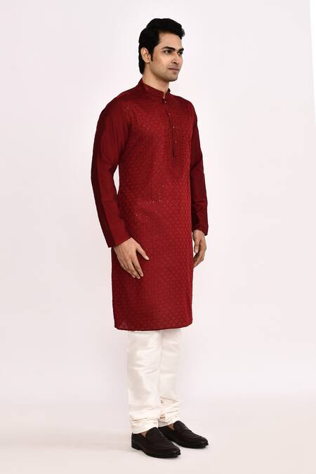Arihant Rai Sinha_Maroon Cotton, Silk Classic Kurta _at_Aza_Fashions