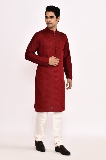 Buy_Arihant Rai Sinha_Maroon Cotton, Silk Classic Kurta 