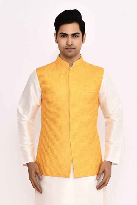 Shop Arihant Rai Sinha Yellow Silk Blend Nehru Jacket Set Online at Aza Fashions Shop_Arihant Rai Sinha_Yellow Silk Blend Nehru Jacket Set_Online_at_Aza_Fashions