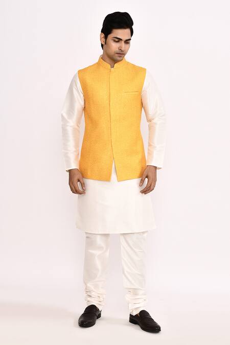 Arihant Rai Sinha_Yellow Silk Blend Nehru Jacket Set_at_Aza_Fashions