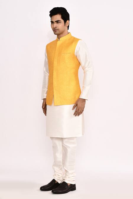 Shop Arihant Rai Sinha Yellow Silk Blend Nehru Jacket Set Shop_Arihant Rai Sinha_Yellow Silk Blend Nehru Jacket Set