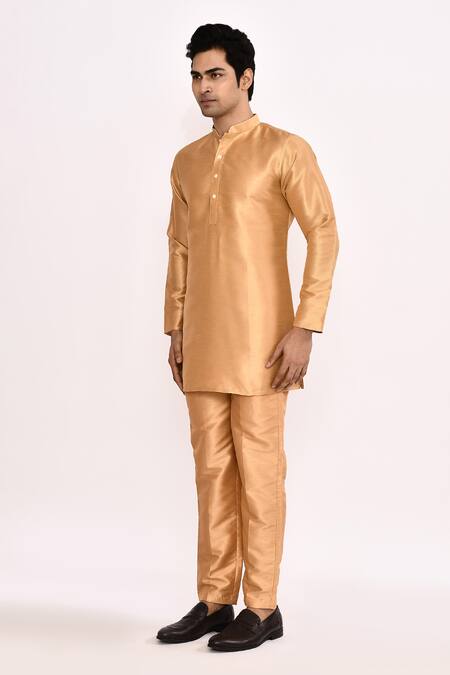 Buy_Arihant Rai Sinha_Gold Silk Plain Kurta Set _Online_at_Aza_Fashions