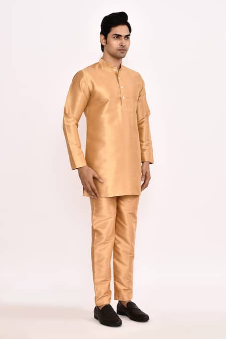 Shop_Arihant Rai Sinha_Gold Silk Plain Kurta Set _Online_at_Aza_Fashions
