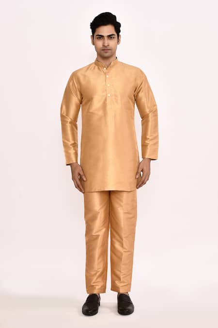 Arihant Rai Sinha_Gold Silk Plain Kurta Set _at_Aza_Fashions