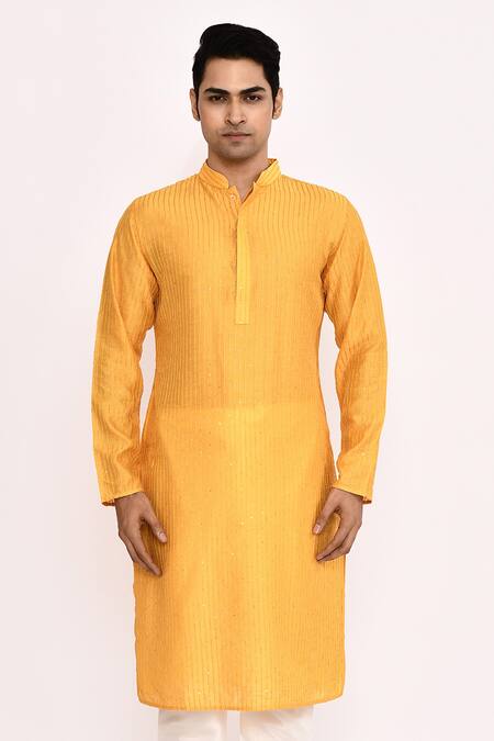 Buy_Arihant Rai Sinha_Yellow Cotton, Silk Striped Embroidered Kurta Set _Online_at_Aza_Fashions