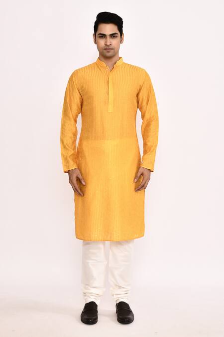 Shop_Arihant Rai Sinha_Yellow Cotton, Silk Striped Embroidered Kurta Set _Online_at_Aza_Fashions