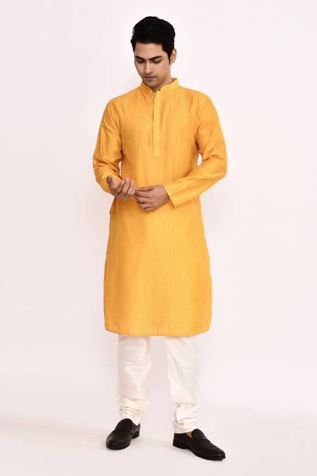 Arihant Rai Sinha_Yellow Cotton, Silk Striped Embroidered Kurta Set _at_Aza_Fashions