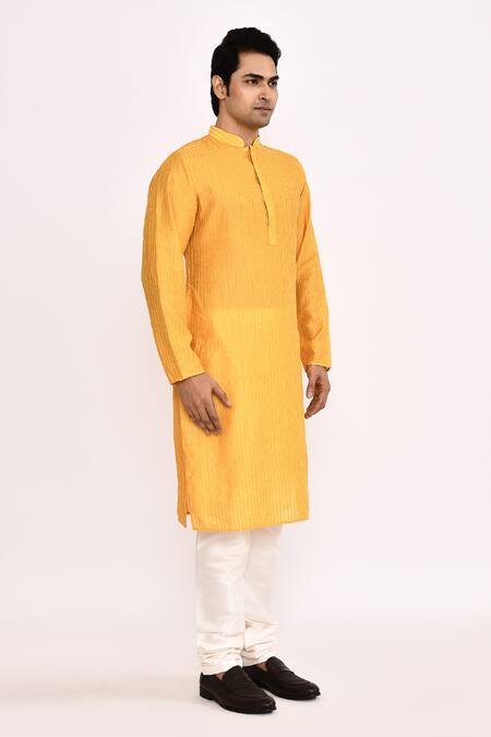 Buy_Arihant Rai Sinha_Yellow Cotton, Silk Striped Embroidered Kurta Set 