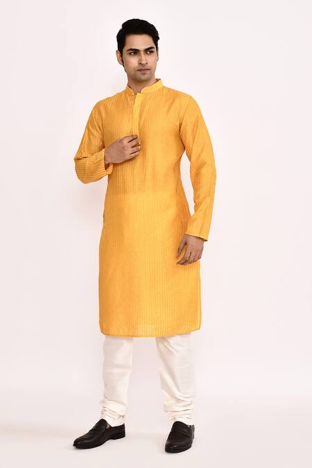 Shop_Arihant Rai Sinha_Yellow Cotton, Silk Striped Embroidered Kurta Set 