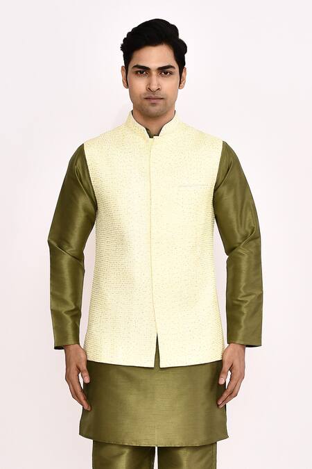 Arihant Rai Sinha_Off White , Satin Blend Nehru Jacket Set _Online_at_Aza_Fashions