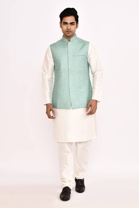 Shop Arihant Rai Sinha Blue Silk Blend Nehru Jacket Set Shop_Arihant Rai Sinha_Blue Silk Blend Nehru Jacket Set