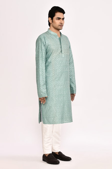 Arihant Rai Sinha_Blue Cotton, Silk Embroidery Light Kurta _Online_at_Aza_Fashions