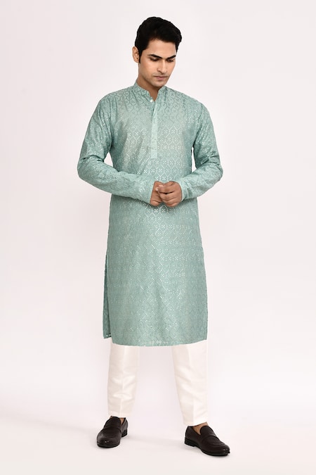 Buy_Arihant Rai Sinha_Blue Cotton, Silk Embroidery Light Kurta _Online_at_Aza_Fashions