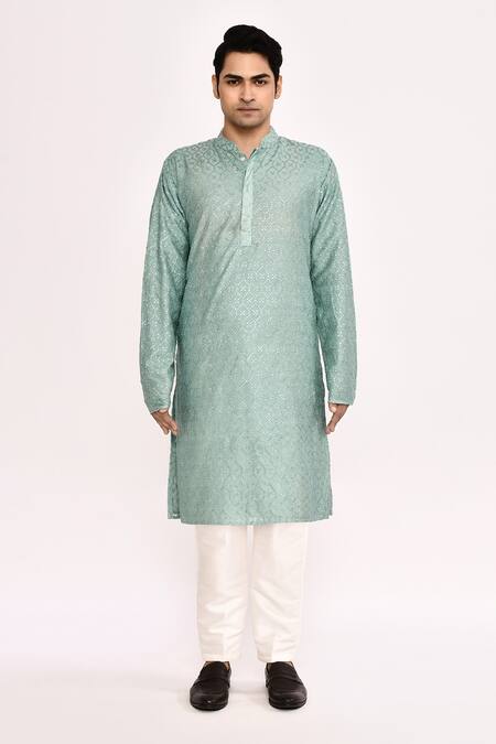 Shop_Arihant Rai Sinha_Blue Cotton, Silk Embroidery Light Kurta _Online_at_Aza_Fashions
