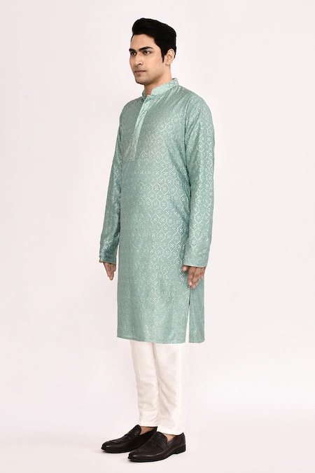 Arihant Rai Sinha_Blue Cotton, Silk Embroidery Light Kurta _at_Aza_Fashions