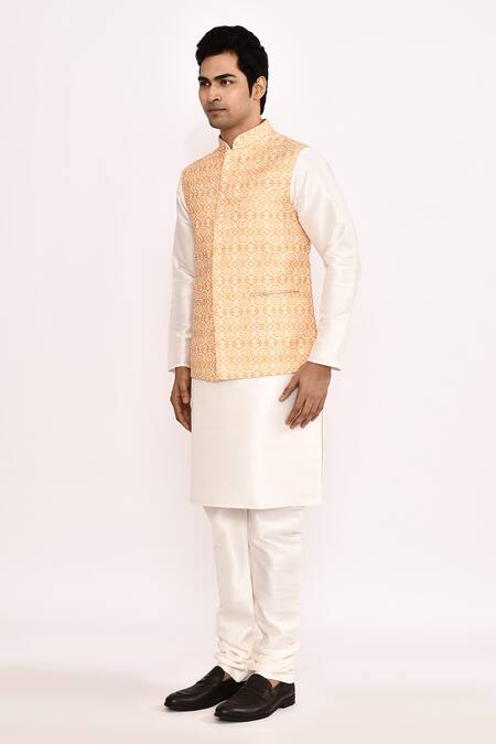 Buy_Arihant Rai Sinha_Orange , Satin Geometric Pattern Nehru Jacket Set _Online_at_Aza_Fashions