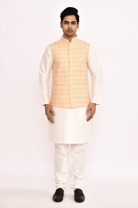 Shop_Arihant Rai Sinha_Orange , Satin Geometric Pattern Nehru Jacket Set _Online_at_Aza_Fashions
