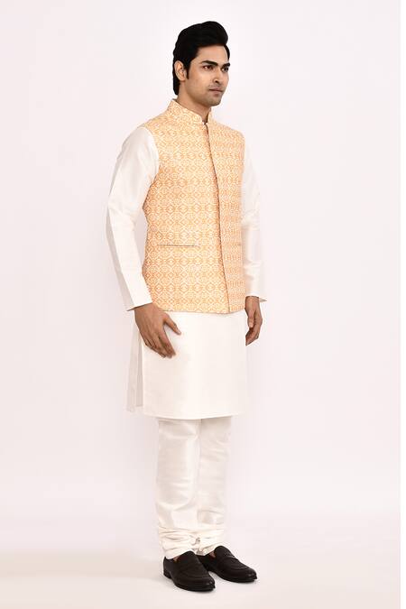 Arihant Rai Sinha_Orange , Satin Geometric Pattern Nehru Jacket Set _at_Aza_Fashions