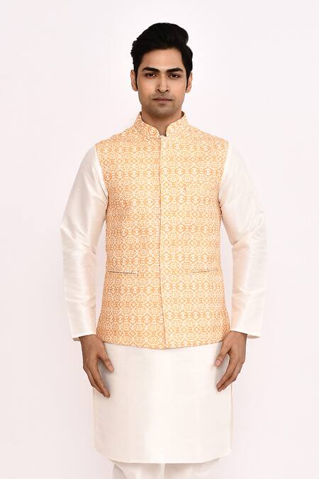 Buy_Arihant Rai Sinha_Orange , Satin Geometric Pattern Nehru Jacket Set 
