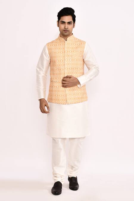 Shop_Arihant Rai Sinha_Orange , Satin Geometric Pattern Nehru Jacket Set 