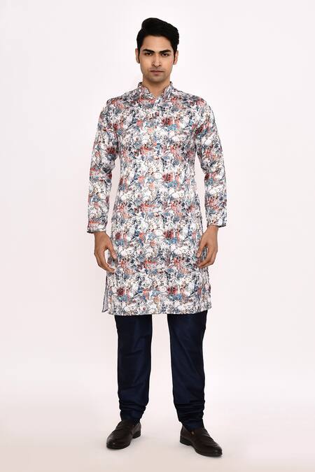 Shop Arihant Rai Sinha Multi Color Silk Printed Kurta With Blue Pant Shop_Arihant Rai Sinha_Multi Color Silk Printed Kurta With Blue Pant