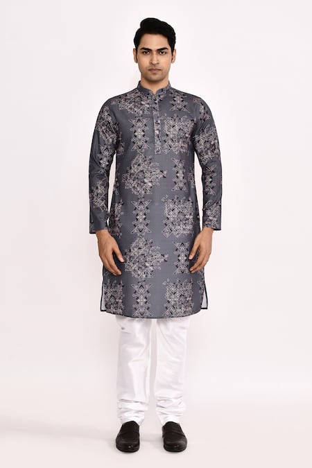 Arihant Rai Sinha_Gray Cotton, Silk Printed Grey Kurta Set With White Churidar _at_Aza_Fashions