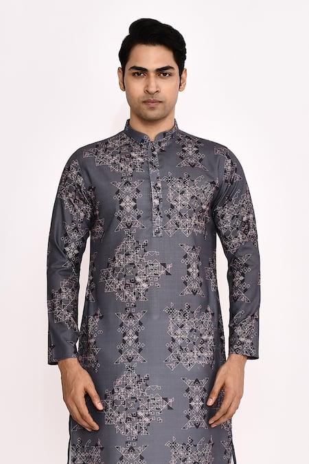 Shop_Arihant Rai Sinha_Gray Cotton, Silk Printed Grey Kurta Set With White Churidar 