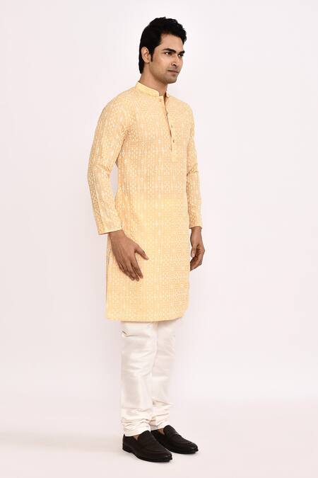 Shop_Arihant Rai Sinha_Yellow Silk Embroidery Kurta Set _Online_at_Aza_Fashions