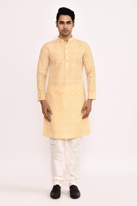 Arihant Rai Sinha_Yellow Silk Embroidery Kurta Set _at_Aza_Fashions
