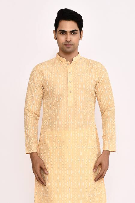 Shop Arihant Rai Sinha Yellow Silk Embroidery Kurta Set Shop_Arihant Rai Sinha_Yellow Silk Embroidery Kurta Set