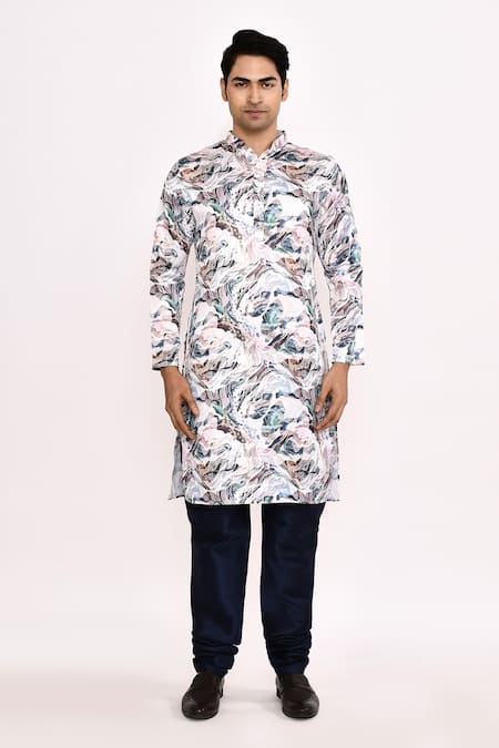 Shop Arihant Rai Sinha Multi Color Cotton, Silk Printed Kurta Set With Blue Bottom Online at Aza Fashions Shop_Arihant Rai Sinha_Multi Color Cotton, Silk Printed Kurta Set With Blue Bottom _Online_at_Aza_Fashions