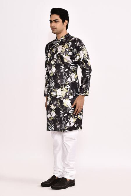 Buy_Arihant Rai Sinha_Black Cotton, Silk Floral Printed Kurta Set _Online_at_Aza_Fashions