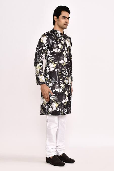 Shop_Arihant Rai Sinha_Black Cotton, Silk Floral Printed Kurta Set _Online_at_Aza_Fashions