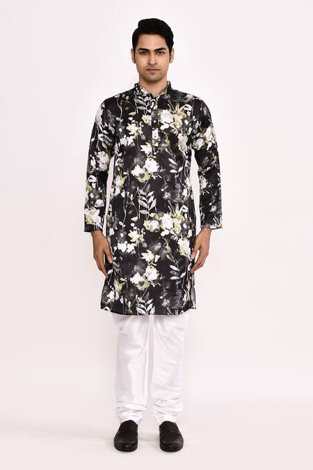 Arihant Rai Sinha_Black Cotton, Silk Floral Printed Kurta Set _at_Aza_Fashions