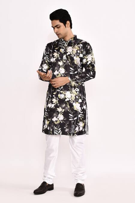 Buy_Arihant Rai Sinha_Black Cotton, Silk Floral Printed Kurta Set 