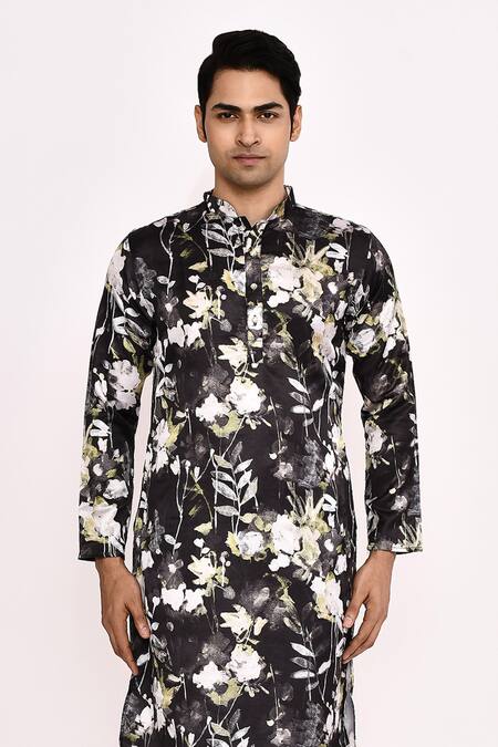 Shop Arihant Rai Sinha Black Cotton, Silk Floral Printed Kurta Set Shop_Arihant Rai Sinha_Black Cotton, Silk Floral Printed Kurta Set