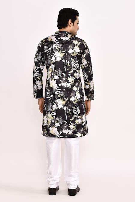 Shop_Arihant Rai Sinha_Black Cotton, Silk Floral Printed Kurta Set _at_Aza_Fashions