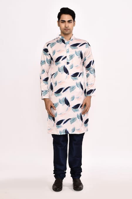 Buy_Arihant Rai Sinha_White Cotton, Silk Leaf Print Kurta Set _Online_at_Aza_Fashions