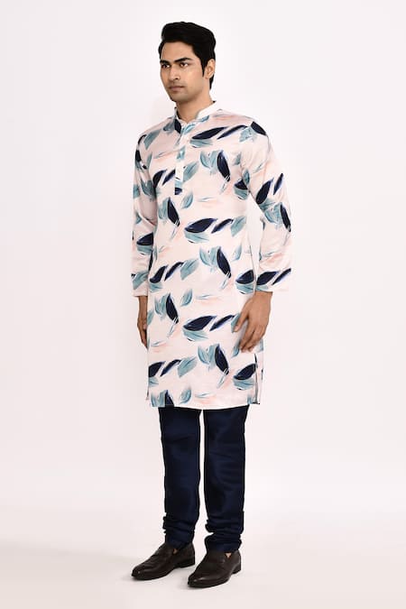 Shop_Arihant Rai Sinha_White Cotton, Silk Leaf Print Kurta Set _Online_at_Aza_Fashions