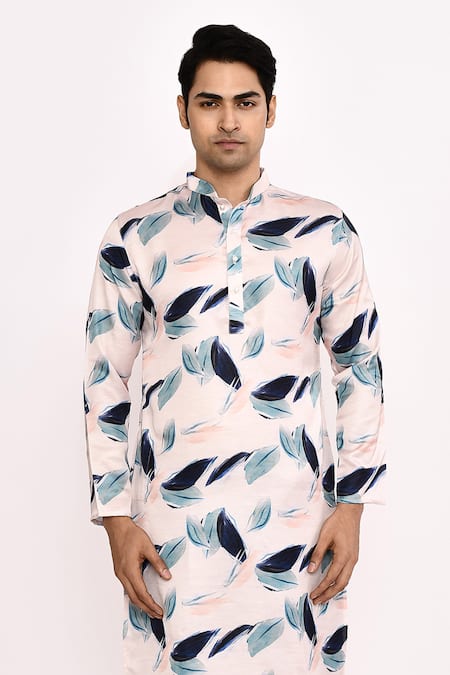 Arihant Rai Sinha_White Cotton, Silk Leaf Print Kurta Set _at_Aza_Fashions
