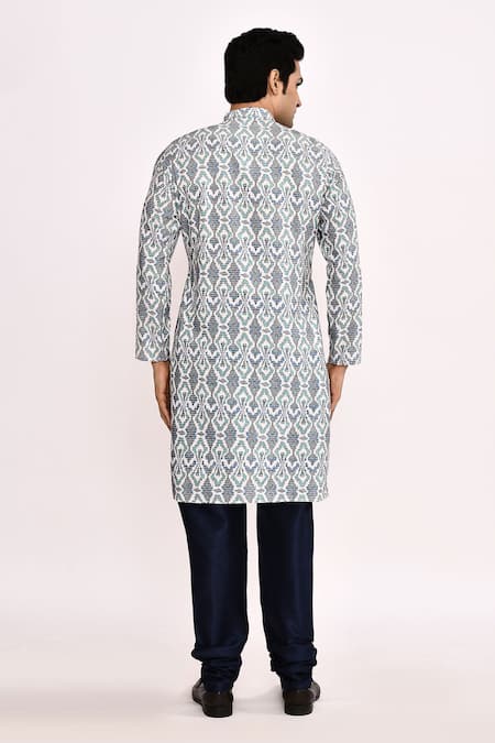 Shop Arihant Rai Sinha Gray Cotton, Silk Printed Grey Kurta With Blue Pants at Aza Fashions Shop_Arihant Rai Sinha_Gray Cotton, Silk Printed Grey Kurta With Blue Pants _at_Aza_Fashions